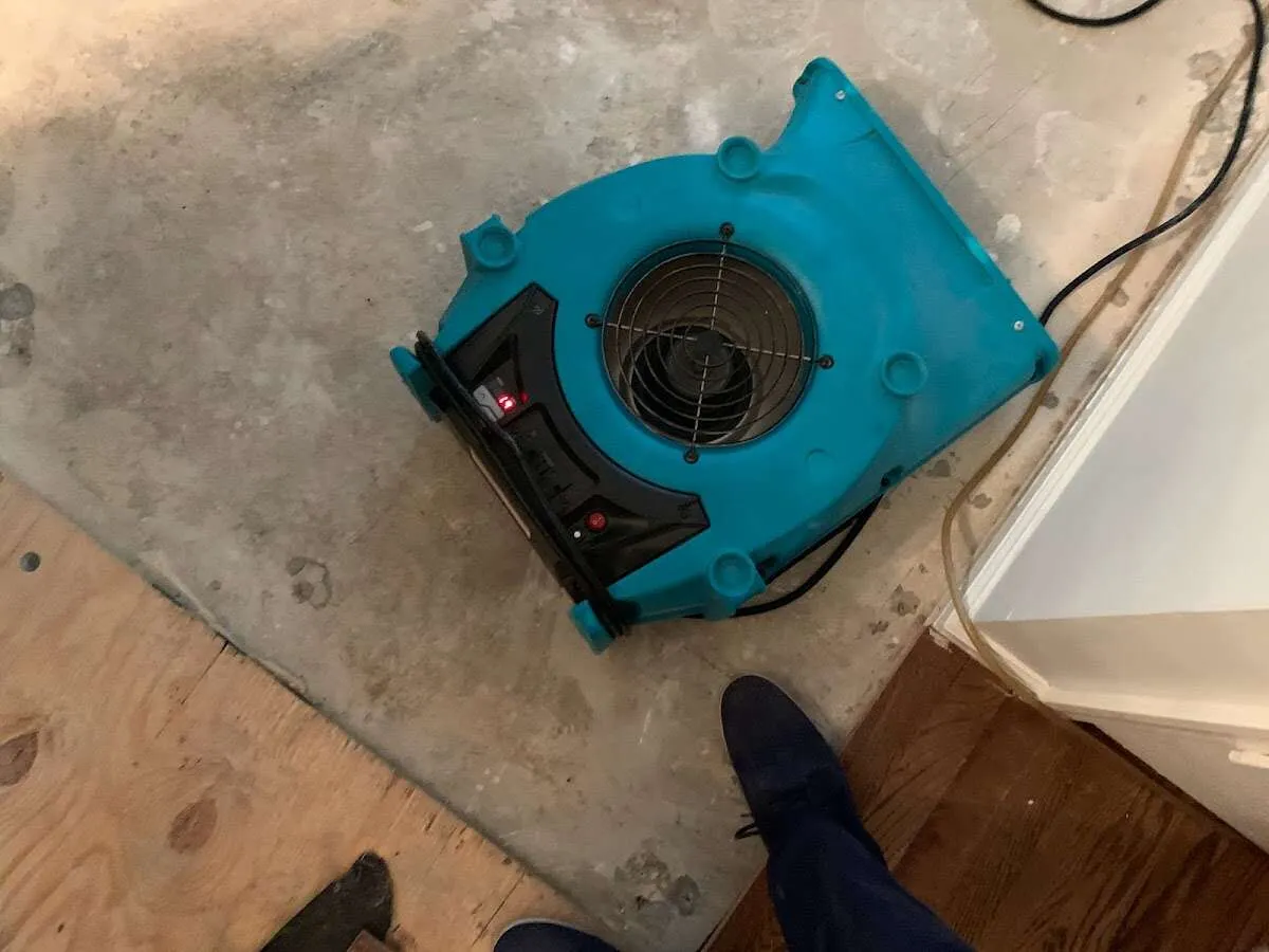 Air mover drying subfloor during Leak Detection & Repair in Stonington